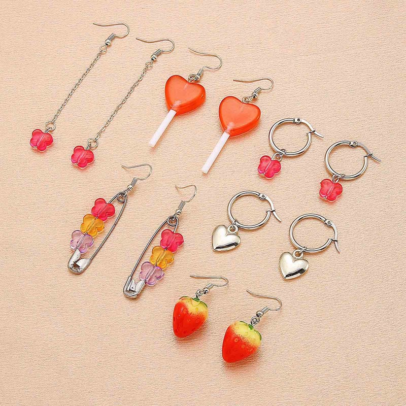 6pasang/set Harajuku Lucu Resin Peach Hati Strawberry Butterfly Earrings