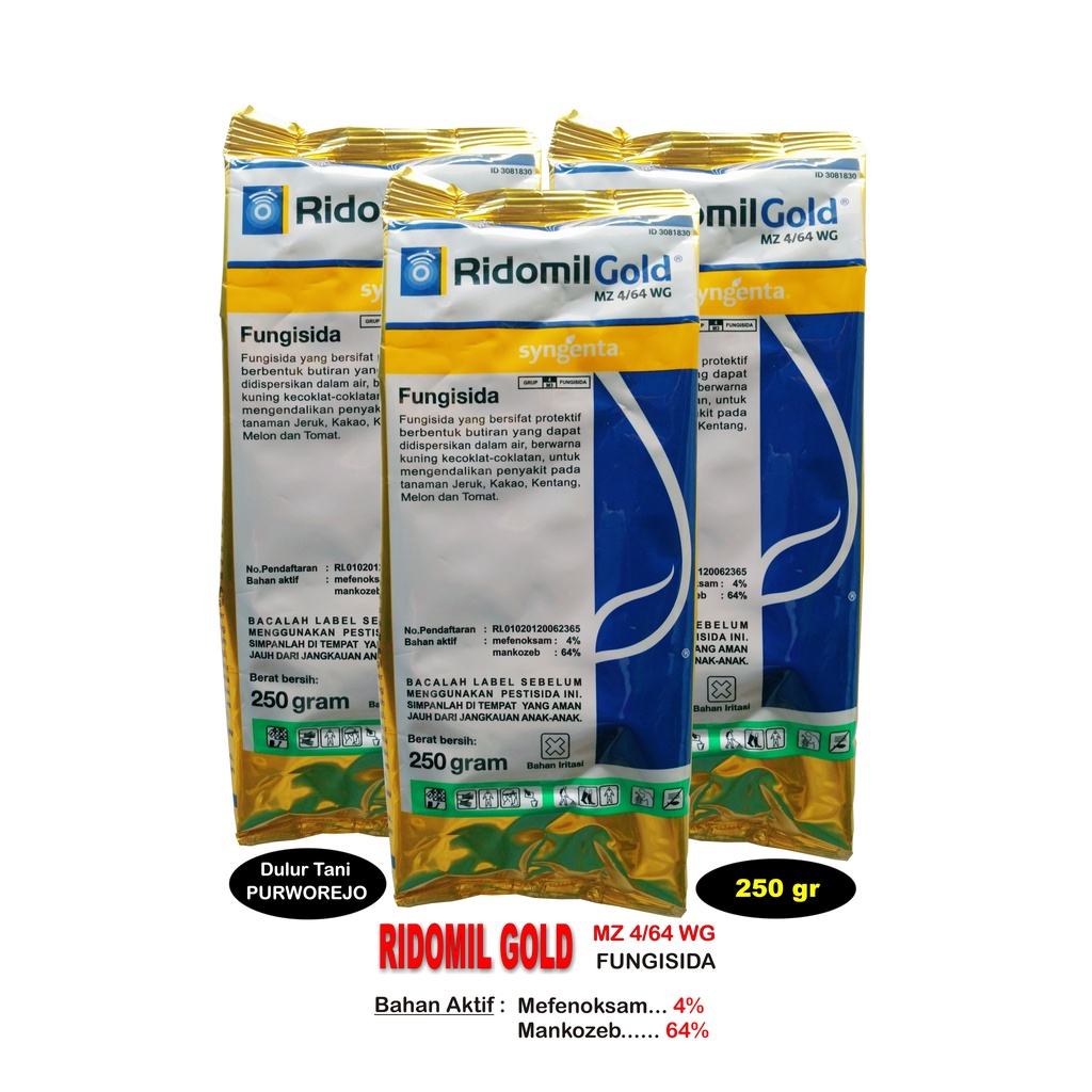 Fungisida RIDOMIL GOLD 250 gram Bahan Aktif mafenoksam 4%, mankozeb 64%