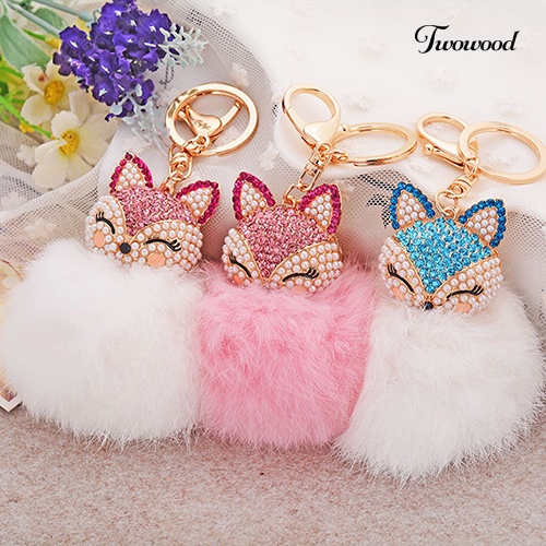 Twowood Hadiah Lucu Bling Berlian Imitasi Rubah Kelinci Fluffy Ball Gantungan Kunci Mobil Key Ring Pendant