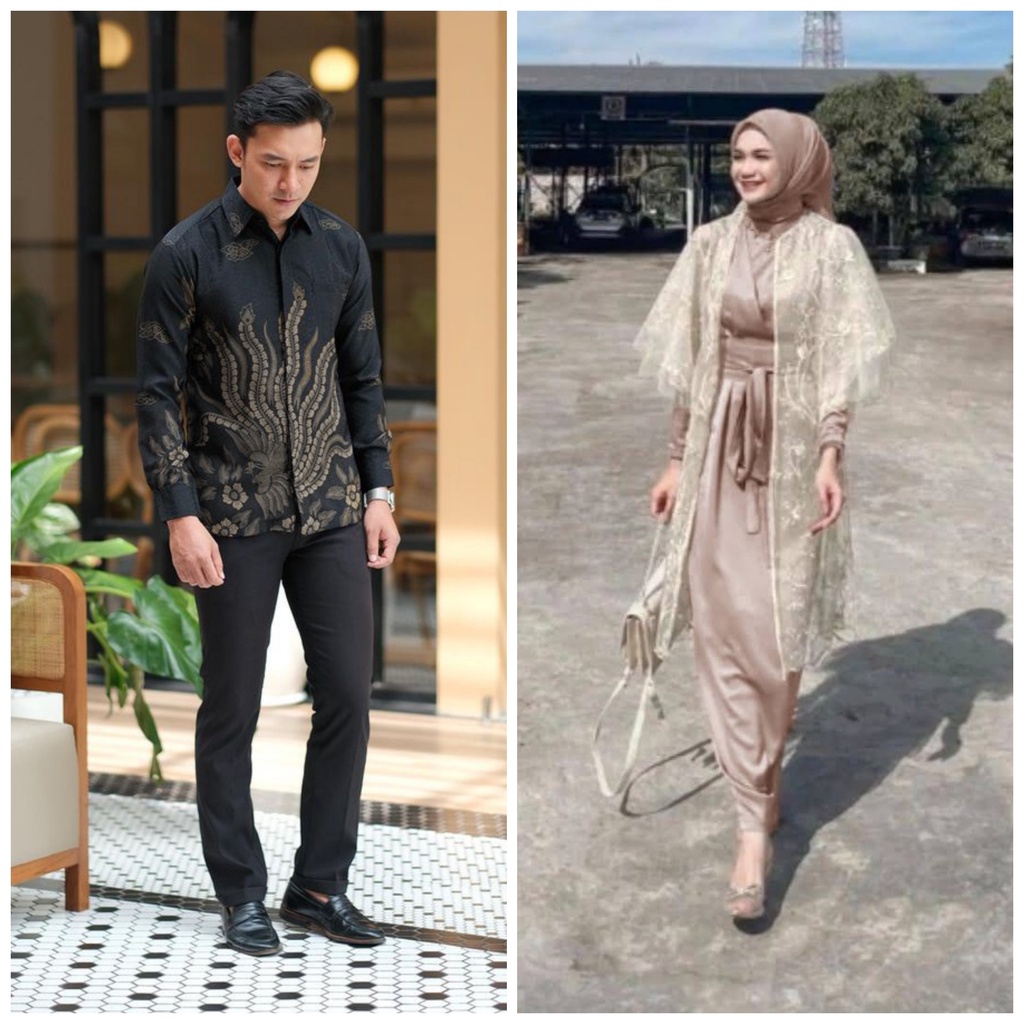 SHOPASHOP SOLO Batik Couple Dress Raya Kimono belt &amp; outer tulle mutiara Kombinasi Kemeja batik Lengan panjang