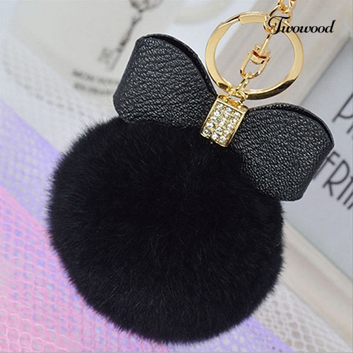 Twowood Faux Rabbit Fur Pom Pom Fluffy Puff Ball Ikatan Simpul Tas Mobil Gantungan Kunci Ring Keychain