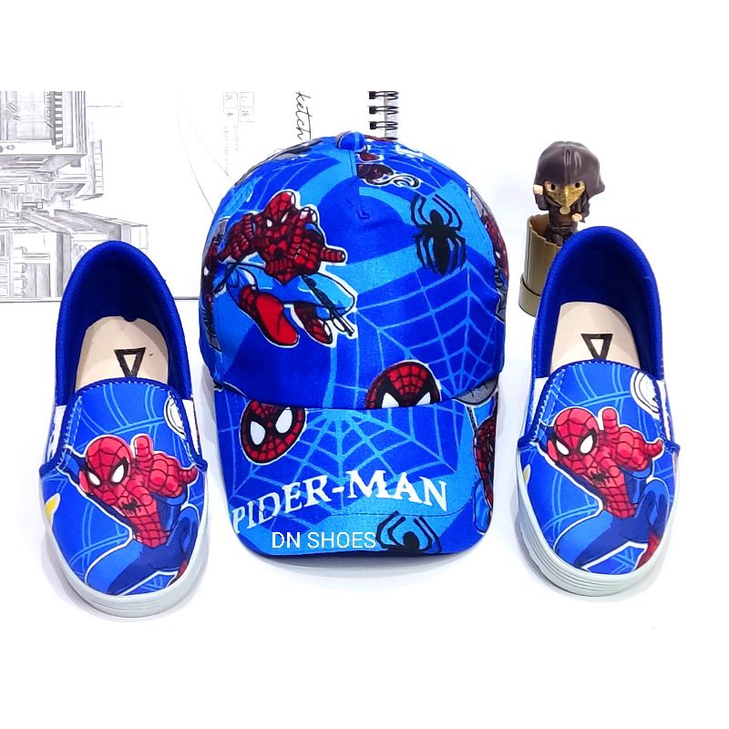 Paket Sepatu Anak Laki laki Topi Anak Paket Slip On Topi Pet Anak Laki Murah Karakter Spider-Man Biru