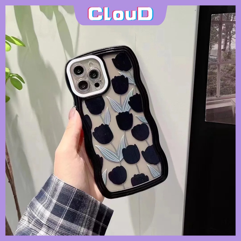 Case Untuk Realme C33 C25 C30 C20 8i 8Pro C12 C25s C11 C25Y C35 C15 C20A C21Y Realme 9i 10 6i 5 7 9 8 9Pro+C3 7i 5i C1 Soft TPU Hitam Retro Bunga Tulip Bergelombang Penutup Tepi