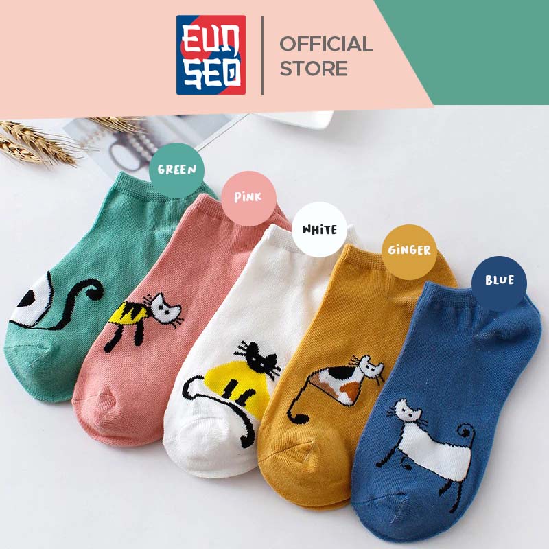 EUNSEO Kaos Kaki Wanita Pendek Motif Funny Cat Lucu Fashion Korea KaosKaki Wanita Pendek Premium