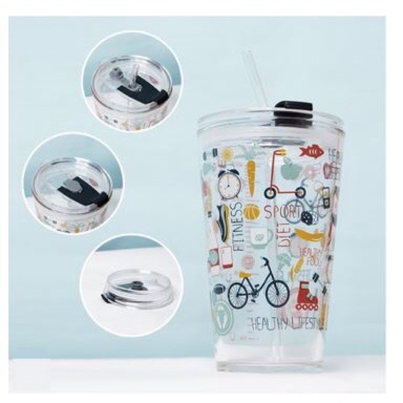 Gelas Tumbler Botol Kaca Motif + Sedotan Dengan Tutup anti Bocor 400ml