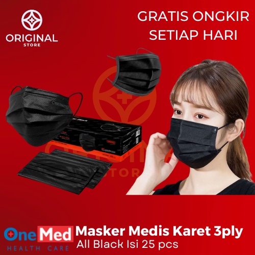 Masker Karet Medis 3ply All Black Onemed earloop hitam Box Isi 25