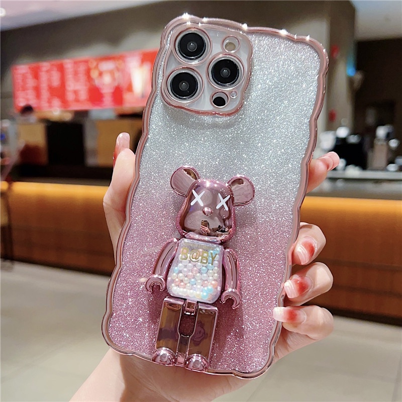 IPHONE Casing Ponsel Holder Beruang Glitter Gradasi Motif Gelombang Mewah Kompatibel Dengan Iphone14 13 12 11 Pro Max14 Plus Anti Jatuh Anti slip Soft Casing