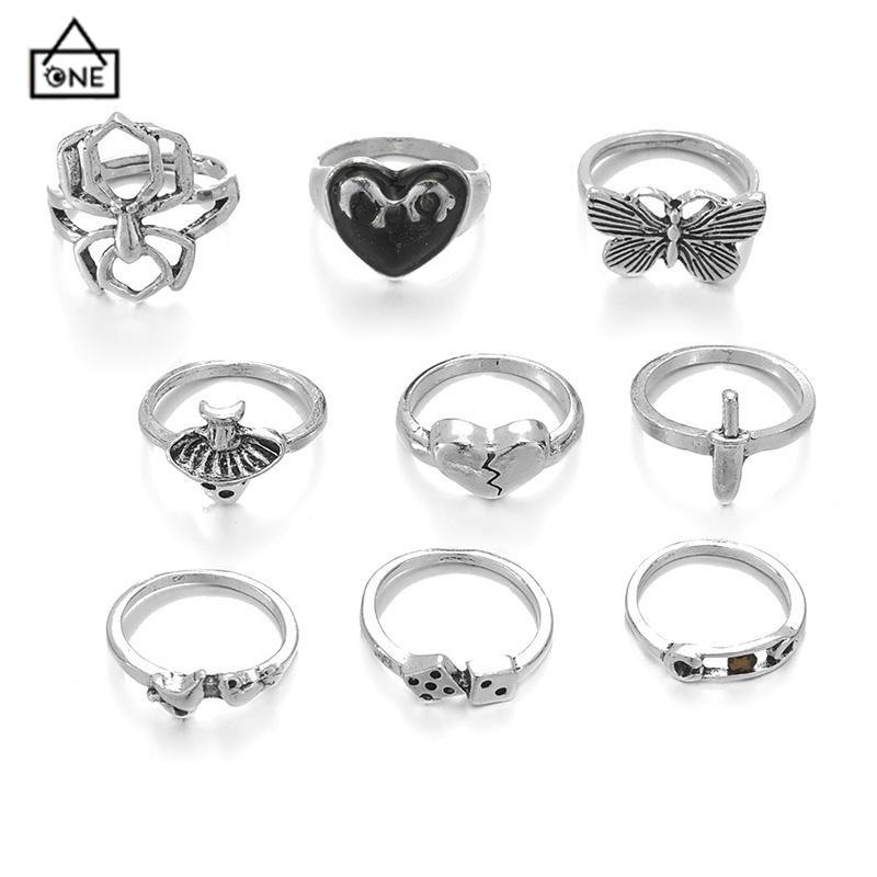 COD❤️9pcs/set Tengkorak Vintage Retro Sword Ring Hip Hop Punk Silvermetal Ring Set