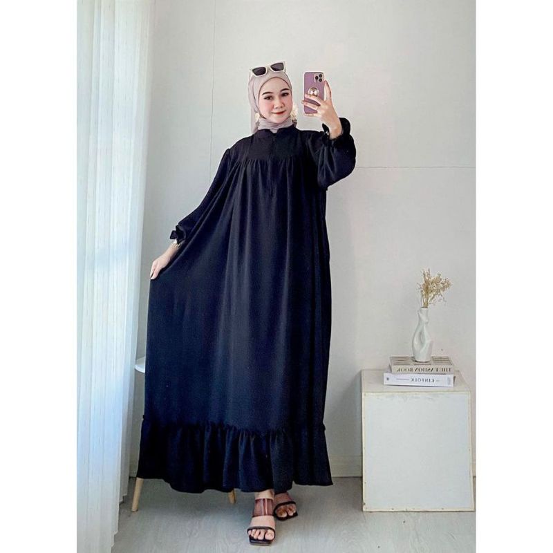 Gamis Shella Dress Lengan Panjang Resleting Depan gaun pesta Bahan Crinkle Airflow