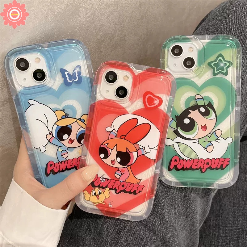 IPHONE Casing Ponsel Anak Perempuan Powerpuff Kompatibel Untuk Iphone14 13 11 12 Pro MAX XR 7plus 78 6 6S Plus X XS MAX Kartun Lucu Manis Cinta Hati Bening Shockproof AiRbag Lembut TPU Penutup Belakang