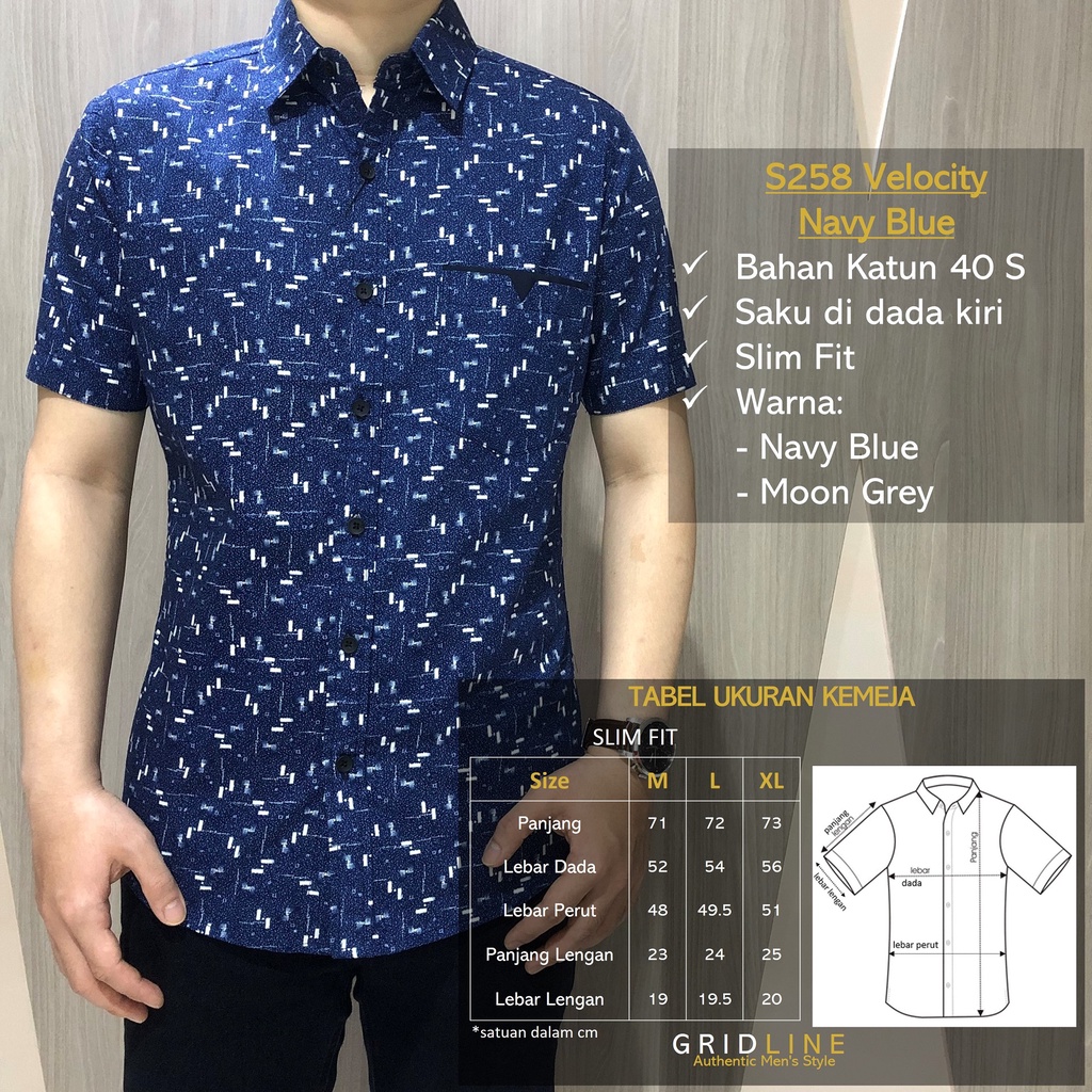 [GRIDLINE - S337 Rhythm Navy &amp; Black - S319 Smoke Grey] Kemeja Pria Slimfit Katun Lengan Pendek Print Modern Fashion Best Seller M-XXL