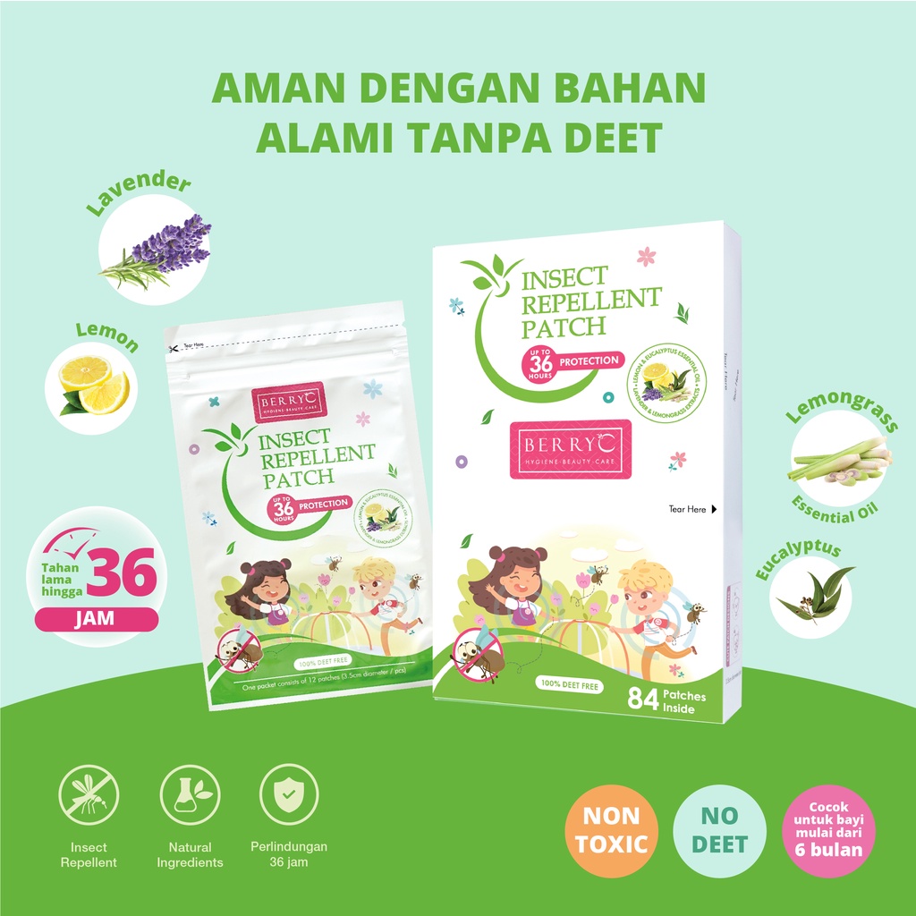 BerryC Mosquito &amp; Insect Repellent Patch 12/84 Stiker Anti Nyamuk Natural Ampuh + Aman Untuk Bayi dan Anak label stiker serangga essential oil skin safe sensitive sensitif baby kids active outdoor mozzie mosquitoes bugs bite anti pengusir no deet outdoor