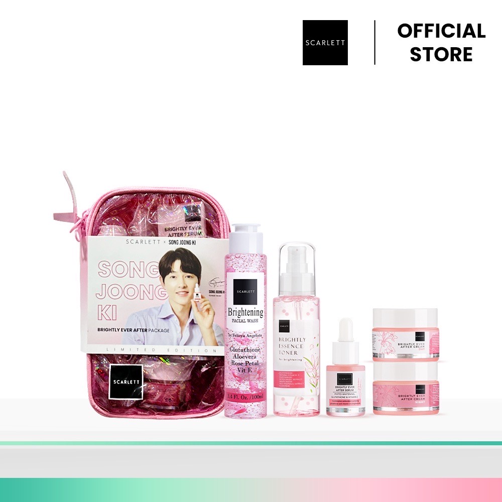 SCARLETT Whitening X Song Joong Ki Limited Edition Indonesia / Paket Facial Wash Essence Toner Serum Ampoule Day Night Eye Cream Mask Gel Sunscreen Moisturizer / Brightly Ever After Acne Age Delay Wajah Face Glowing 1 Paketan Package Full Set Pouch Series