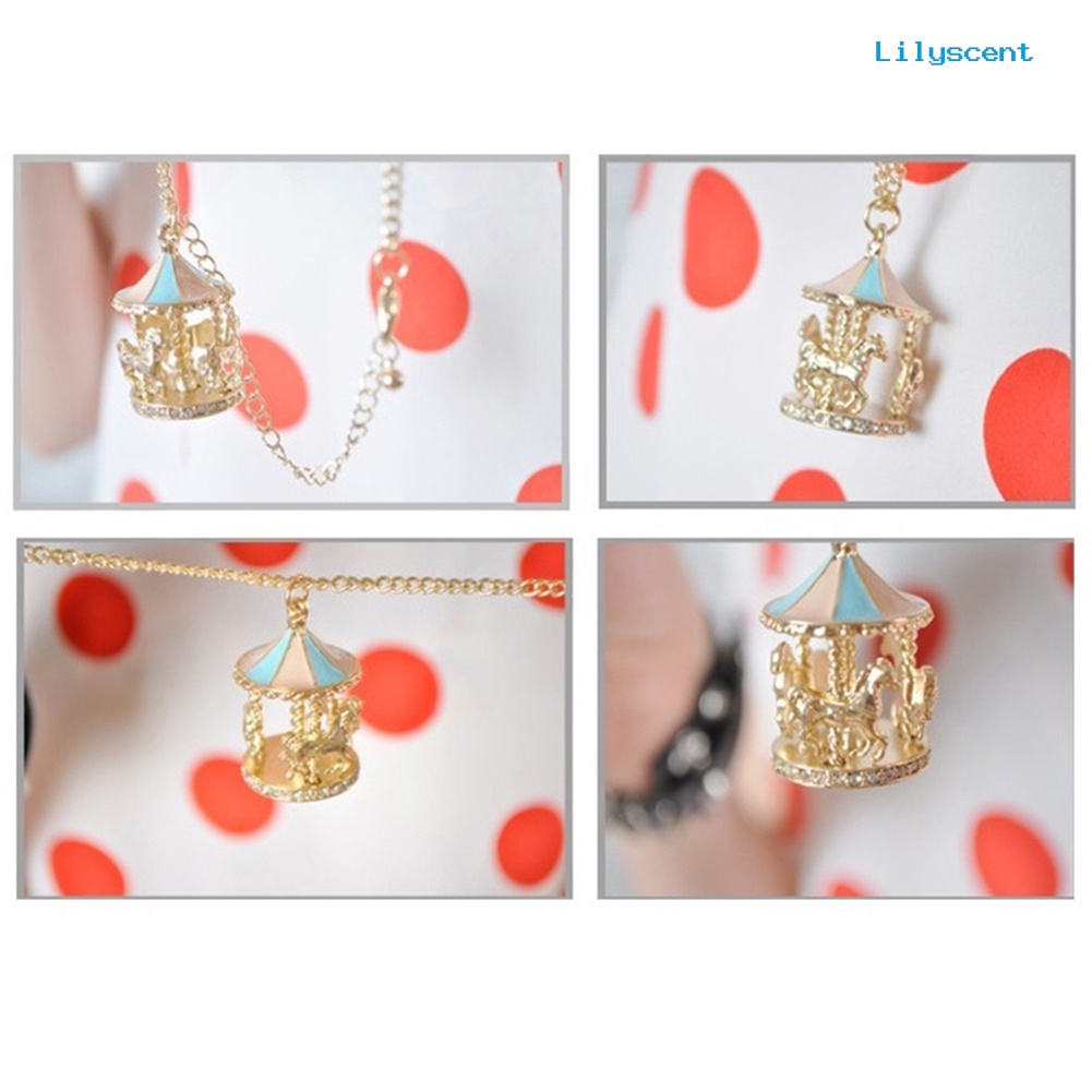 [LS] Wanita Enamel Carousel Merry-Go-Round Charm Liontin Kalung Rantai Hadiah