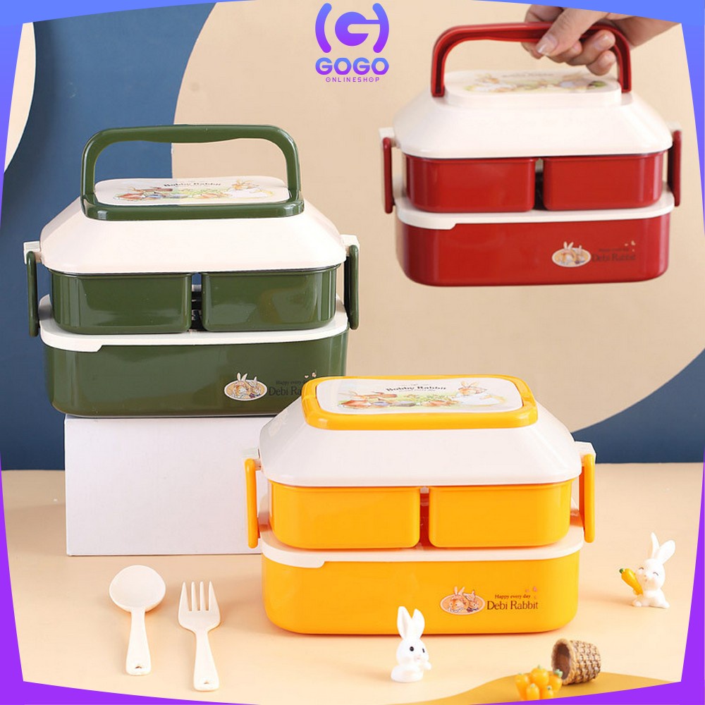 GOGO-C758 Tempat Makan 2 Susun Lunch Box Anti Tumpah / Kotak Makan Siang / Kotak Bekal Set Sendok Garpu