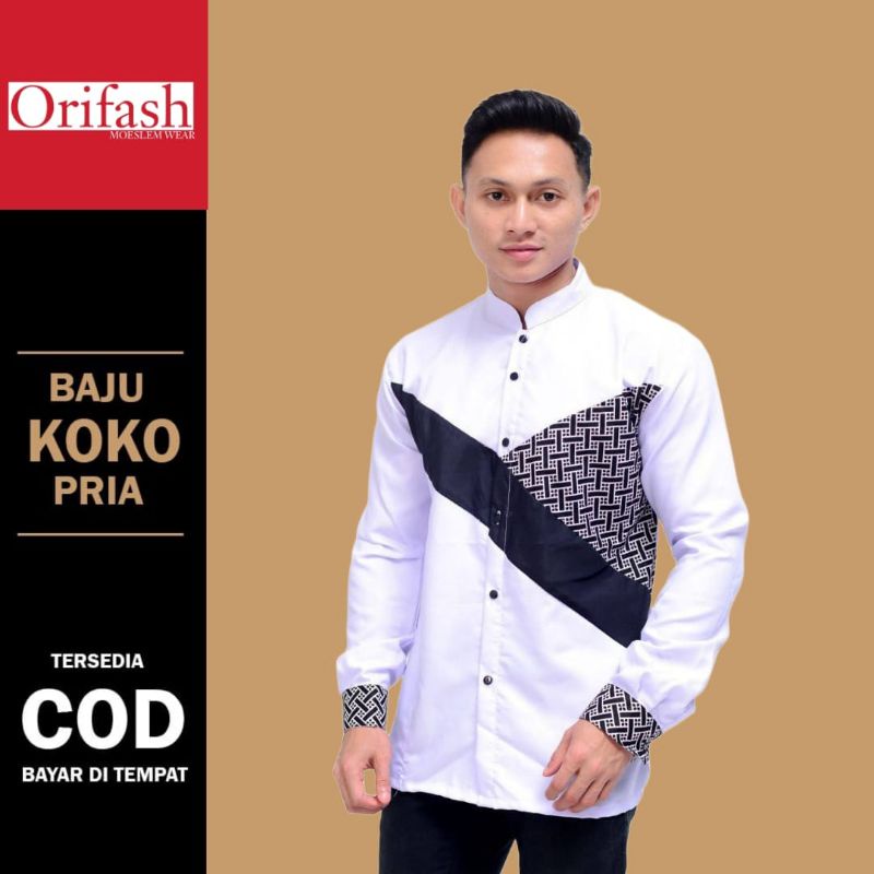 Baju muslim pria lengan panjang kombinasi batik koko pria terbaru material catton halus tebal size M L XL