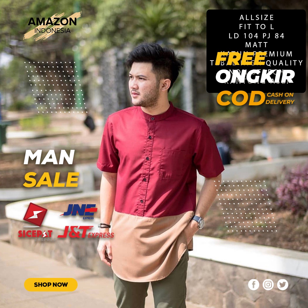 ATASAN PRIA MUSLIM BAJU KOKO LENGAN PENDEK WARNA MAROON KOMBI STYLE CASUAL BAHAN KATUN TEBAL DINGIN