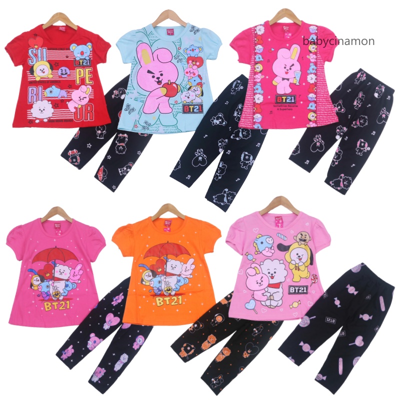 Setelan Plufy Kids Uk 2-6 Tahun / Baju Anak Perempuan Set Kids Legging Kaos Karakter Celana Panjang