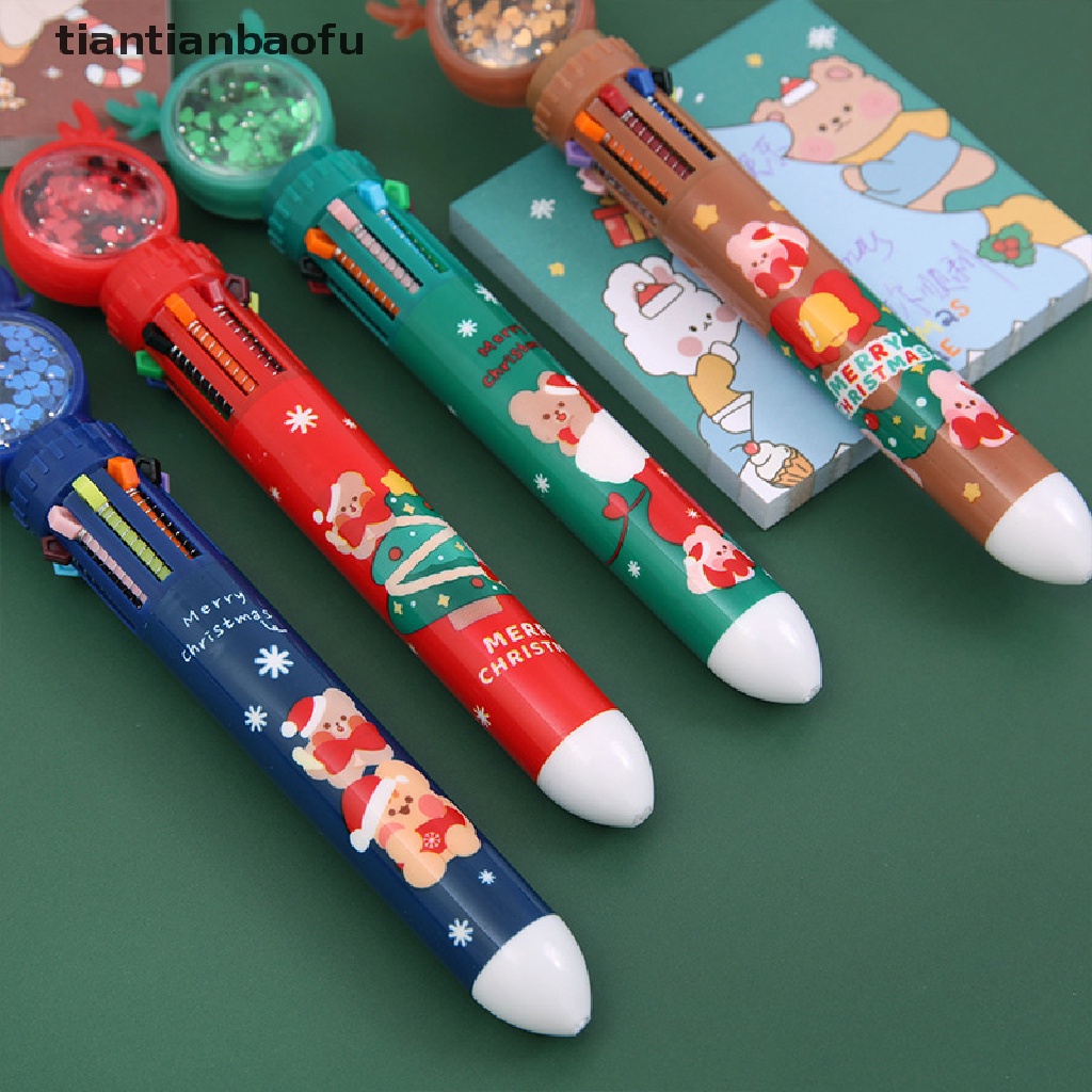 [tiantianbaofu] Kartun Warna-Warni Pena Santa Claus Xmas Pohon Natal Elk Sepuluh Warna Bola Pen Wrig Alat Kantor Sekolah Supply Merry Christmas Hadiah Butik