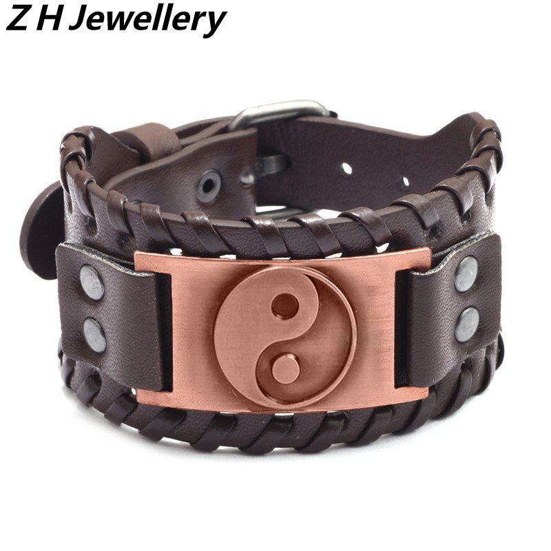 [Z H Jewelry] Viking Fashion Pria Yin Yang Bagua Kulit Anyaman Gelang Stainless Steel/Aksesoris Perhiasan Pesta 18.5CM~21.5CM