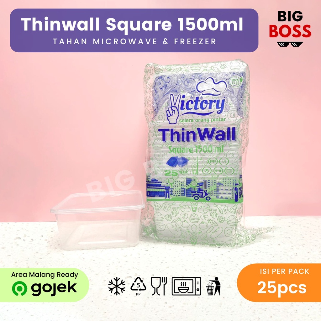 [ISI 25 PCS] Thinwall Victory Square 1000ml 1500ml 2000ml 3000ml / Kotak Makan Plastik Persegi / Food Container Food Grade