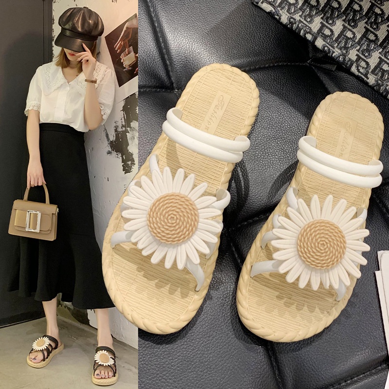 Sandal Slop Flat Tali Kepang Bunga Daisy Fashion Korea Style Sandal Wanita Slip On Kasual Nyaman Empuk PVC Azgalery SPT-38