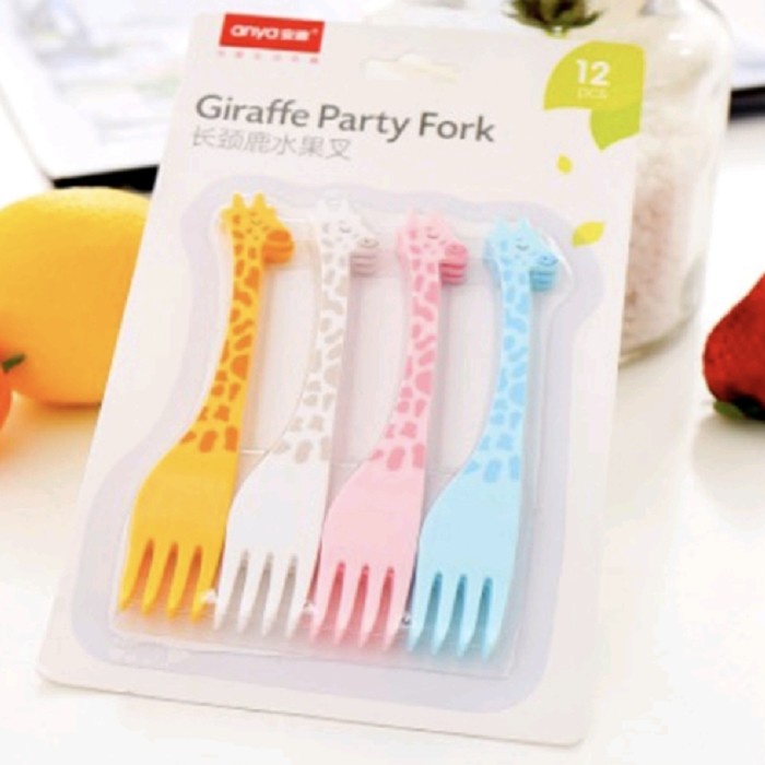 12 pcs Set Garpu Makan Jerapah Giraffe Tusuk Buah Kue Bento Plastik