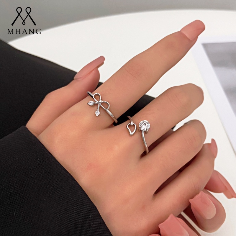 Zirkon Ikatan Simpul Wanita Cincin Korea Fashion Berongga Daun Perak Ring