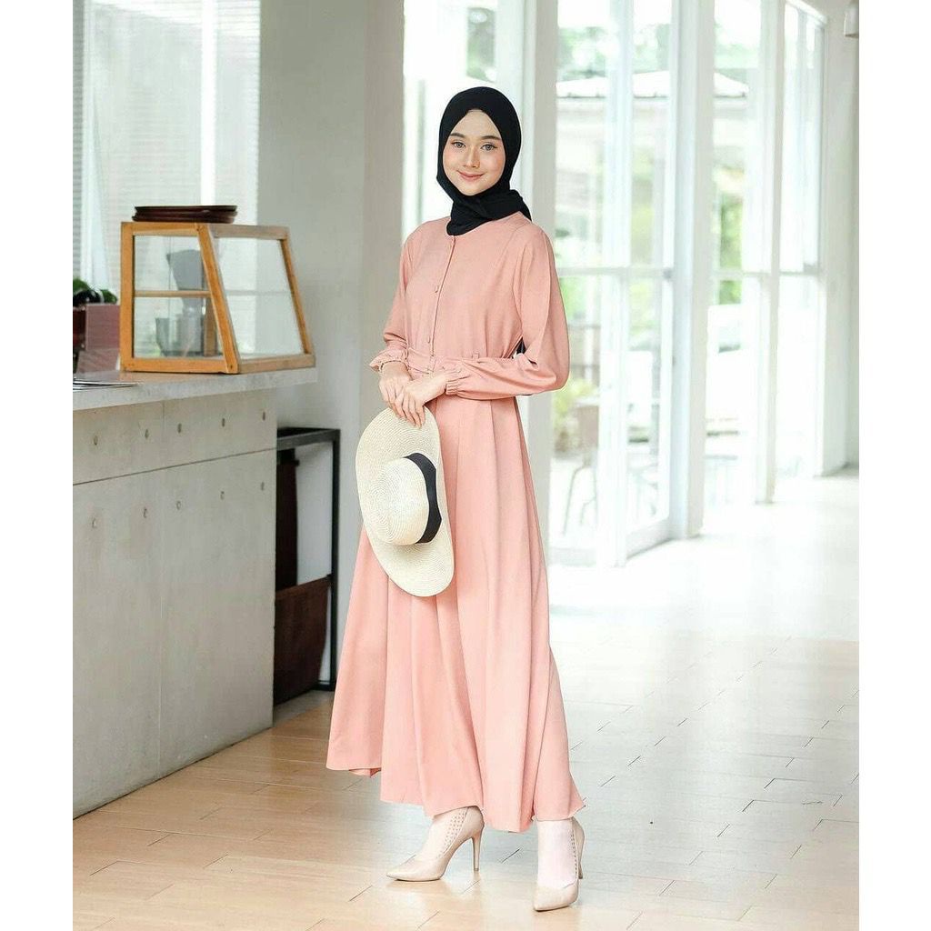 Gamis Lebaran Polos Model Terbaru Kekinian Fashion Muslim Wanita Dress Bahan Shakila Premium