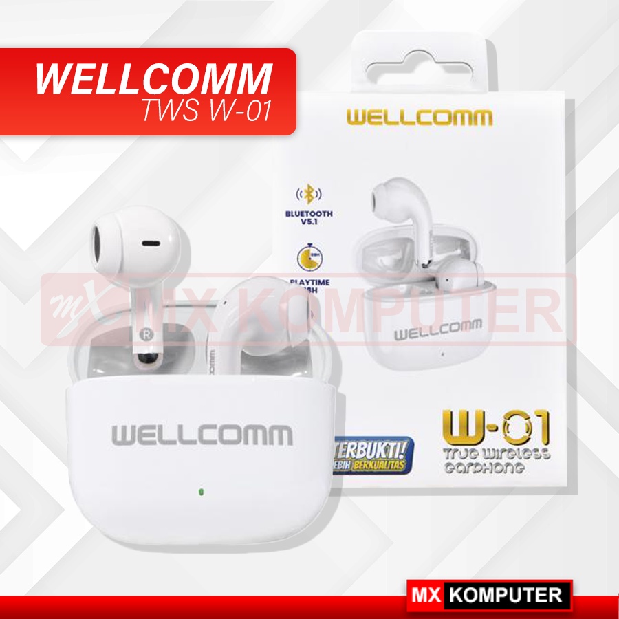 HEADSET BLUETOOTH WELLCOM W01 EARPHONE WIRELESS TWS WELLCOMM W-01