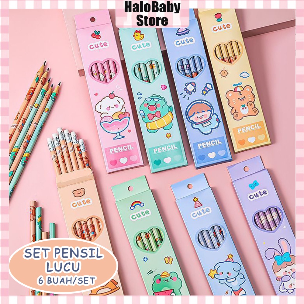 Halo Baby 6Pcs Pensil Set Tulis Motif lucu+ PENGHAPUS/Set Pensil Hb/ALAT TULIS PENSIL