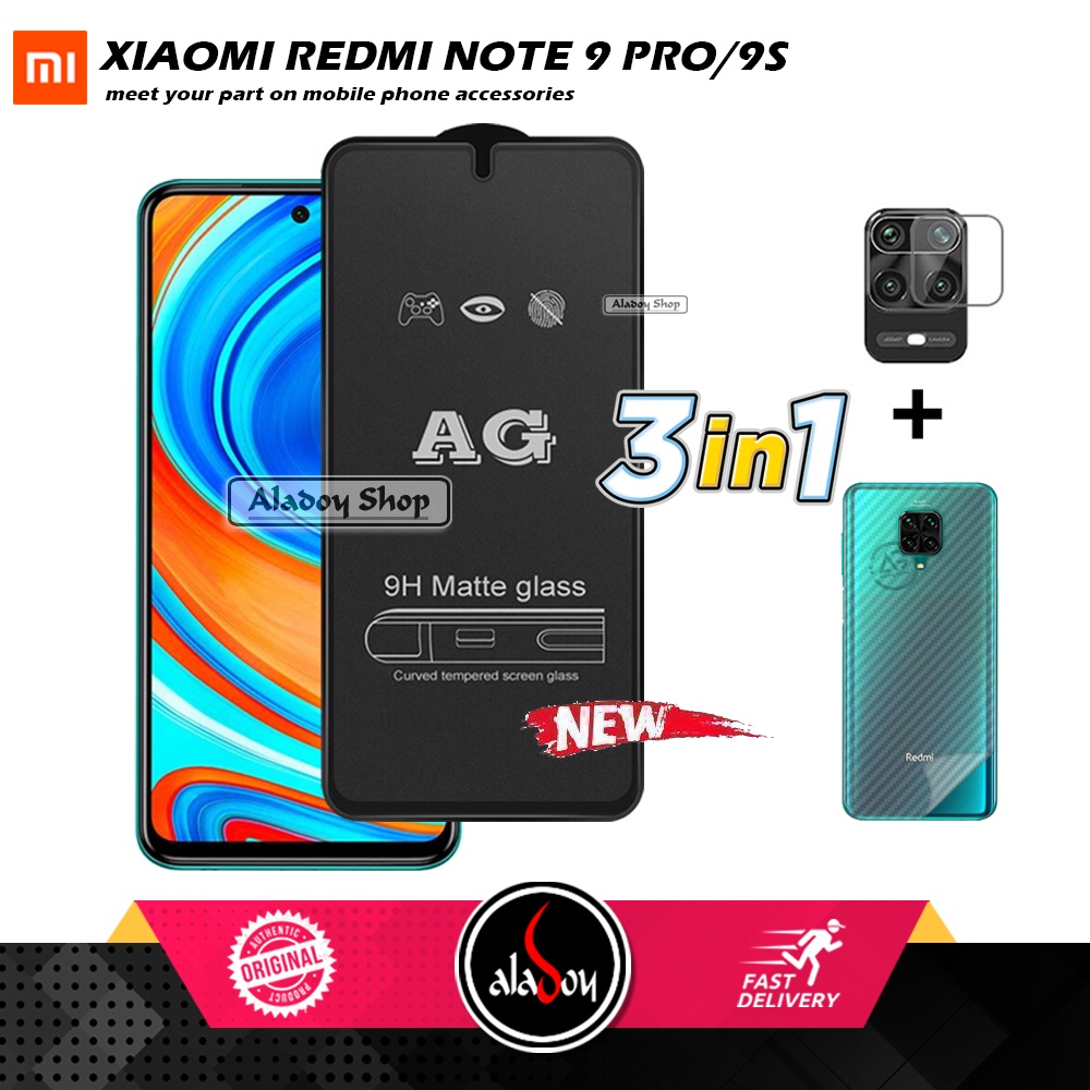 Paket 3IN1 Tempered Glass Layar Matte Anti Glare XIAOMI REDMI NOTE 9 PRO/9S Free Tempered Glass Camera dan Skin Carbon