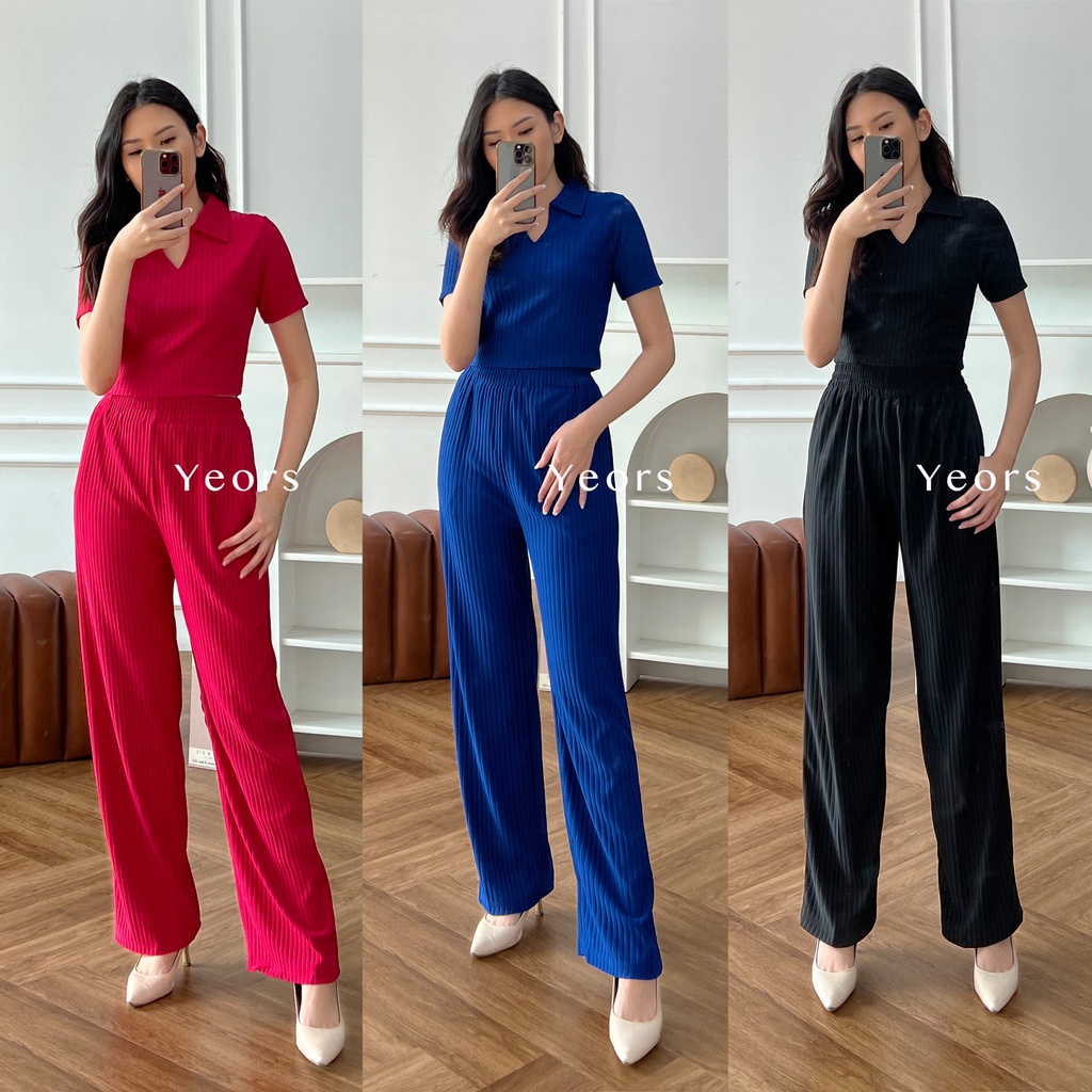 Yeors - Rib Knit Sierra Set Crop Korean Polo Top and Pants Rib Knit Premium  - Baju Atasan dan Celana Wanita Murah Berkualitas - Korean Loose Pants Trousers Wanita - Loungewear - Setelan Baju Wanita - Women Top Knitwear -  Crop Top Murah