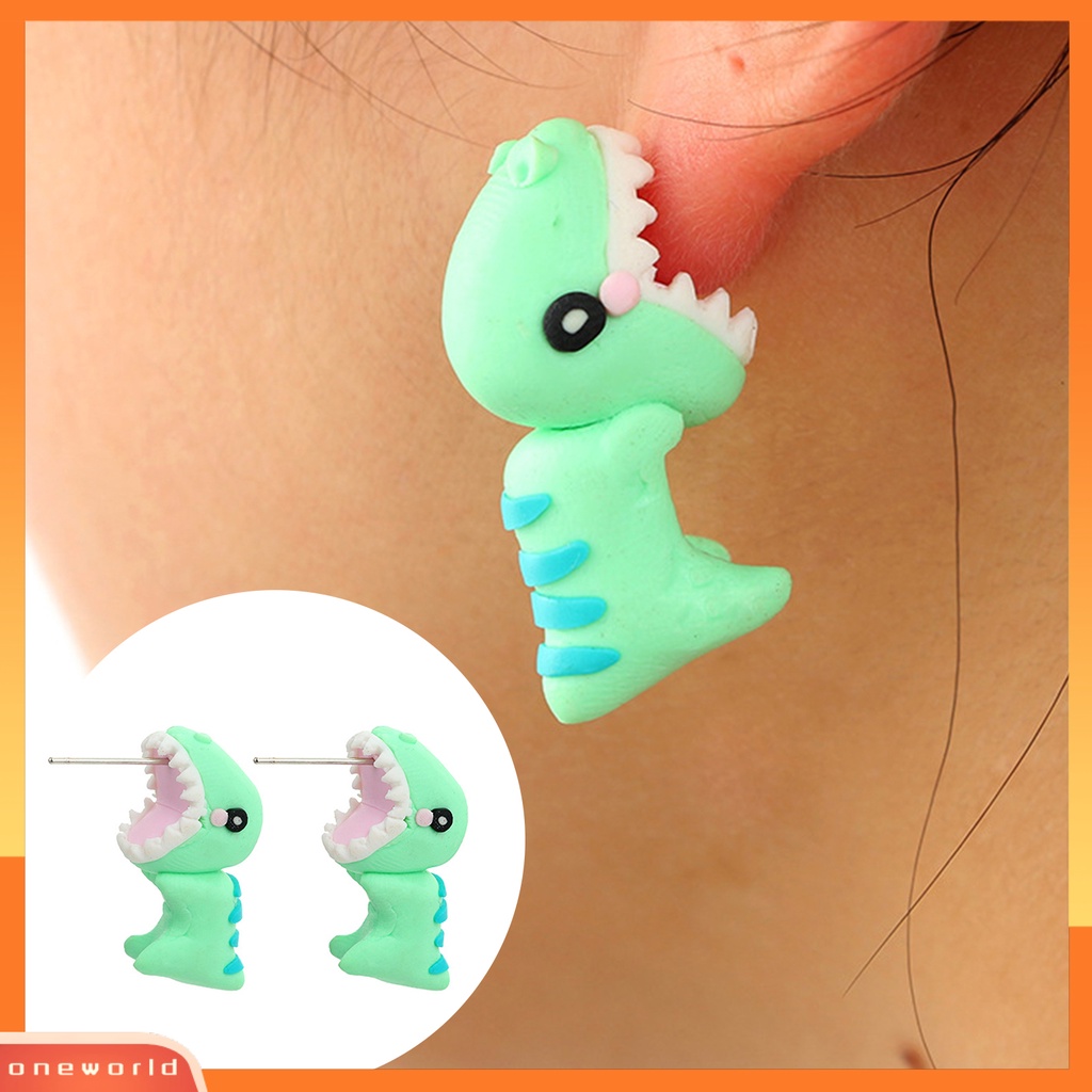 [WONE] Wanita 3D Kartun Dinosaurus Menjuntai Hewan Gigitan Polymer Clay Stud Earrings Untuk Pesta