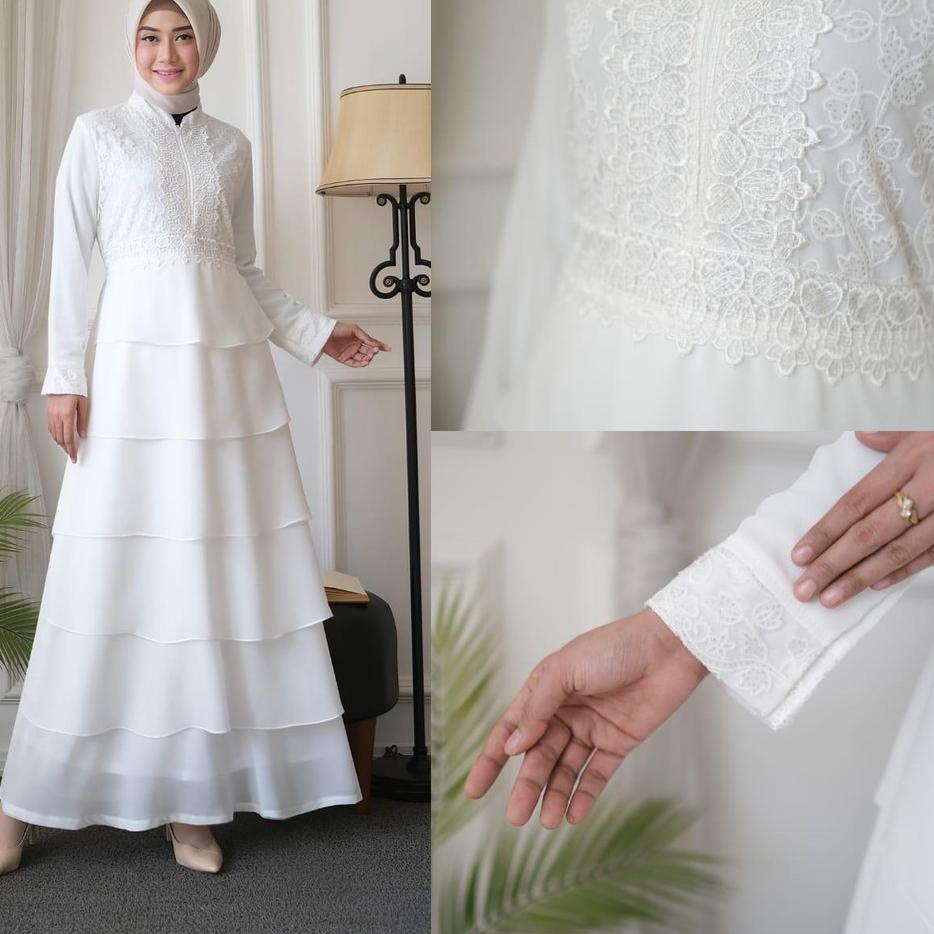 READY ✅Agnes Gamis Putih Wanita Gamis Plisket Brukat Baju Muslim Wanita Busana Lebaran Umroh Terbaru