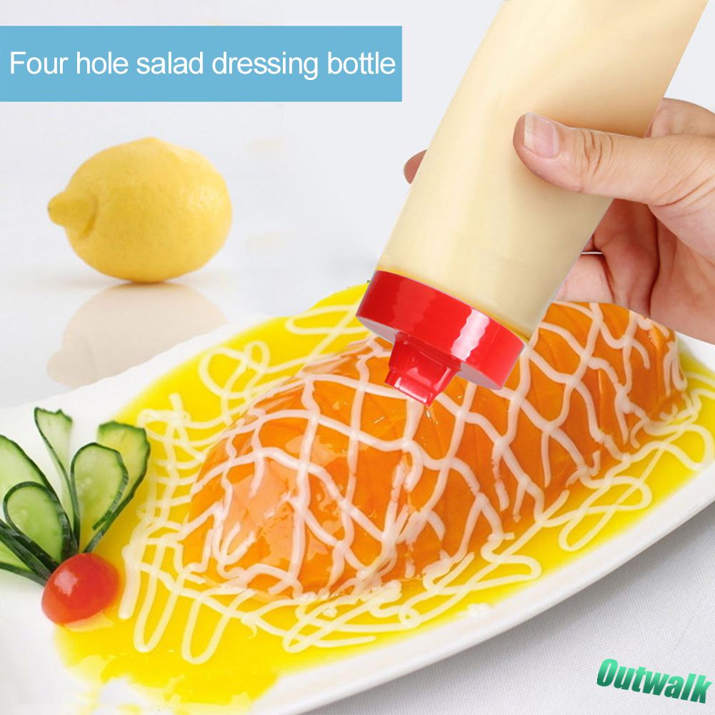 ღ 300Ml 4 Lubang Aman Resin Squeeze Jenis Saus Botol Saus Mayones Plastik Bumbu Botol Kapal Tangki Crut dengan Tutup Memeras Saus Botol