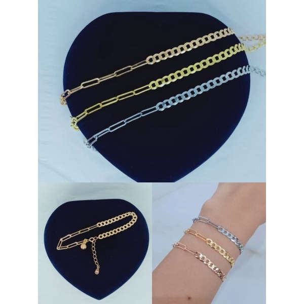 gelang tangan rantai paperclip kombi sisik naga polos+1bel/perak asli silver 935 lapis emas/perhiasan fashion wanita terbaru