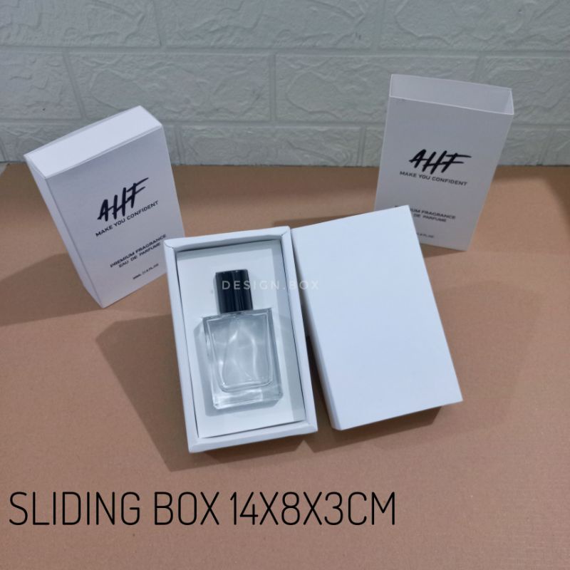 

BOX PARFUM PUTIH CETAK HOTPRINT 14X8X3CM | SLIDING BOX 14X8X3CM