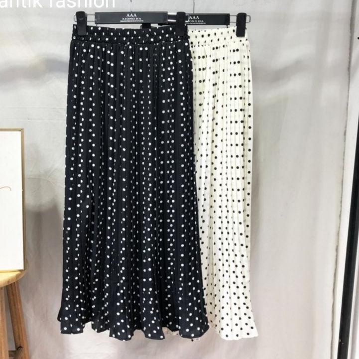 Terlaku. Rok Plisket Polkadot/Fashion Rok Maxi Wanita Kantor Vintage Berlipat Pinggang Tinggi Elegan
