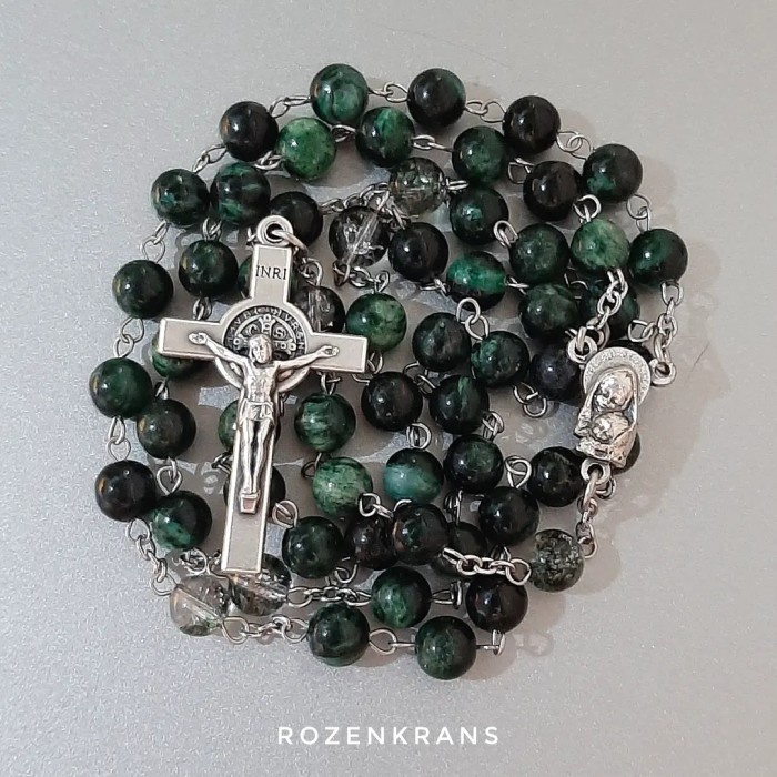 Rosario - Rosario Batu Alam Genuine Natural Emerald 6Mm Kalung Salib Italy - Hollishop