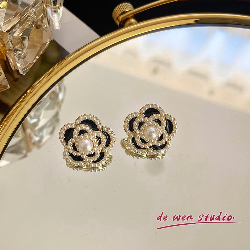 Anting Camelia Hitam Untuk Wanita Retro Pearl Earing Aksesoris Perhiasan