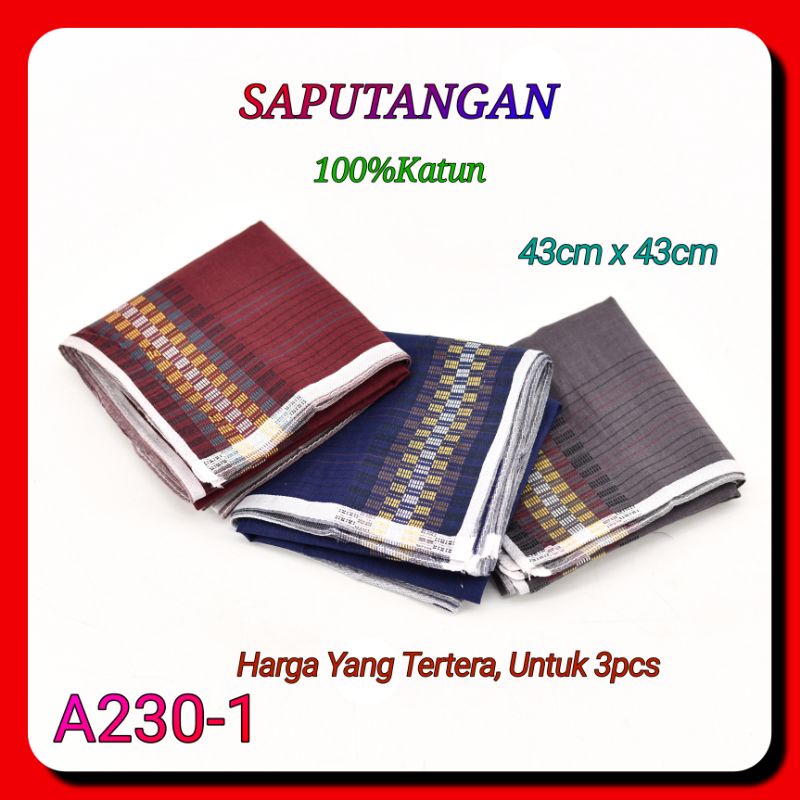 3pcs Sapu Tangan AN230 43cm x 43cm Katun Import