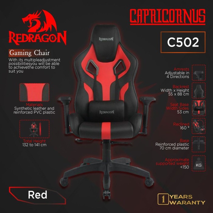 Kursi Redragon Capricornus C502 Premium Quality Kursi Gaming Chair Red