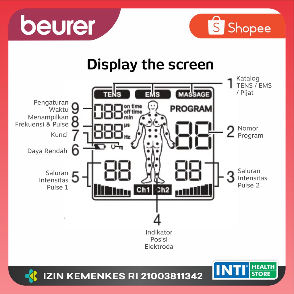 BEURER | 3in1 Digital TENS EMS MASSAGE EM49 | Terapi Otot Syaraf Pijat | Stimulator