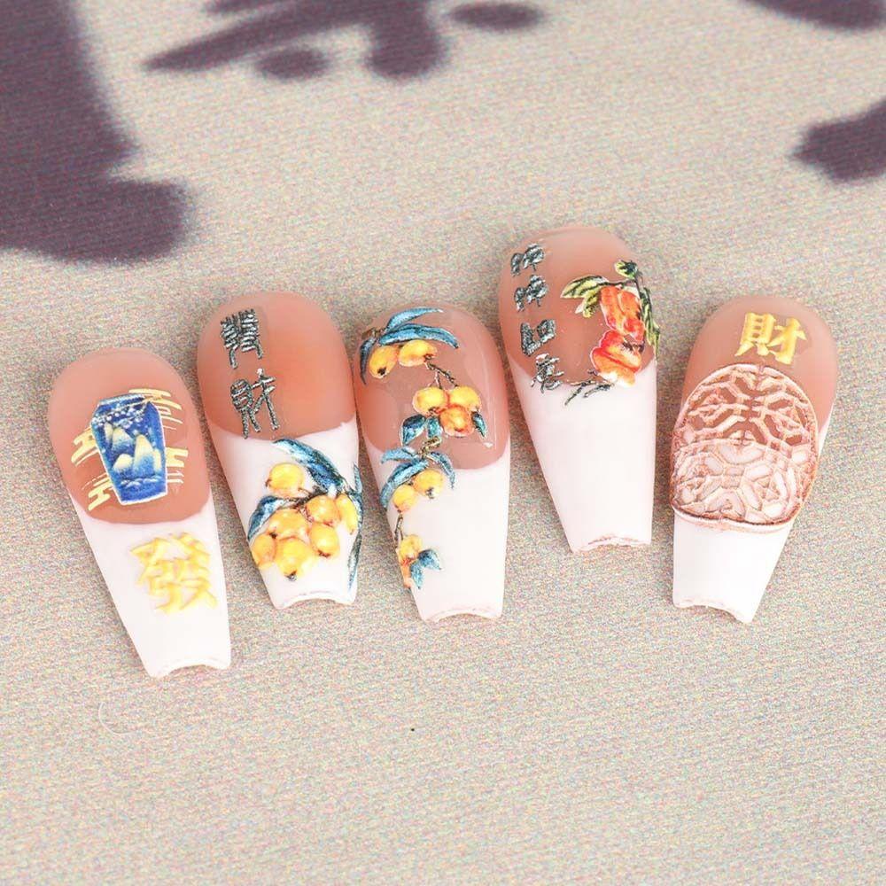 Mxbeauty Stiker Kuku Cina Gaya Antik 5D Timbul Perekat Diri Magnolia Bunga Putih Karakter Cina Nail Art Dekorasi