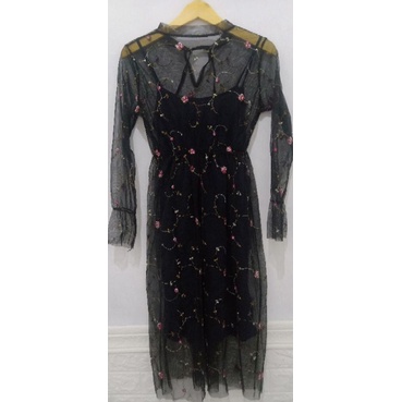 Korean dress tile bordir bunga hitam import