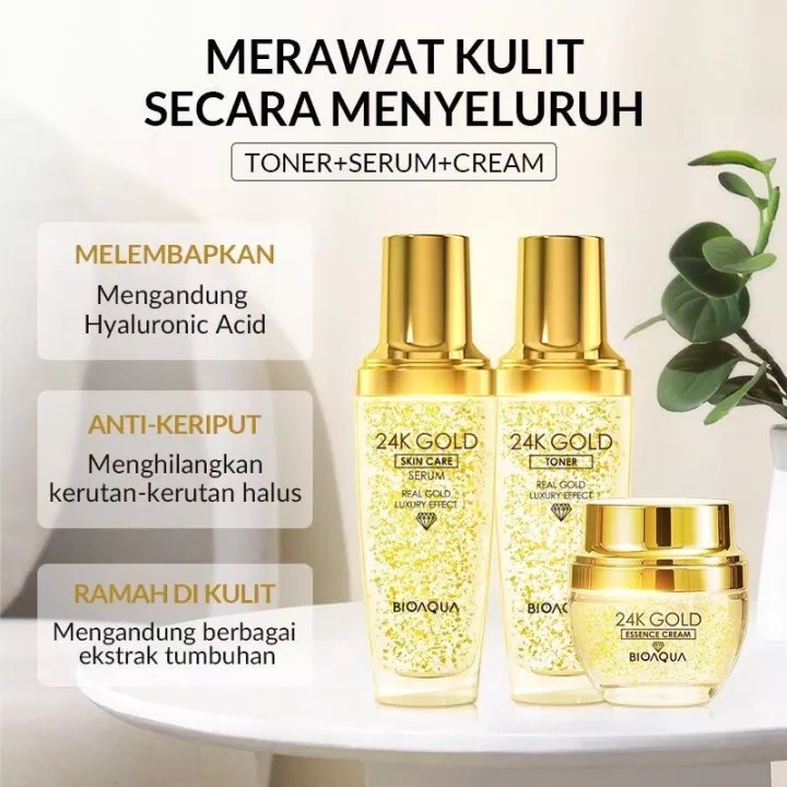 Set Box Besar BIOAQUA 24K BPOM Facial Kit / Travel Kit Perawatan Wajah Glowing Anti Kerut Toner 100ml + Skincare Serum 100ml + Essence Cream 30g