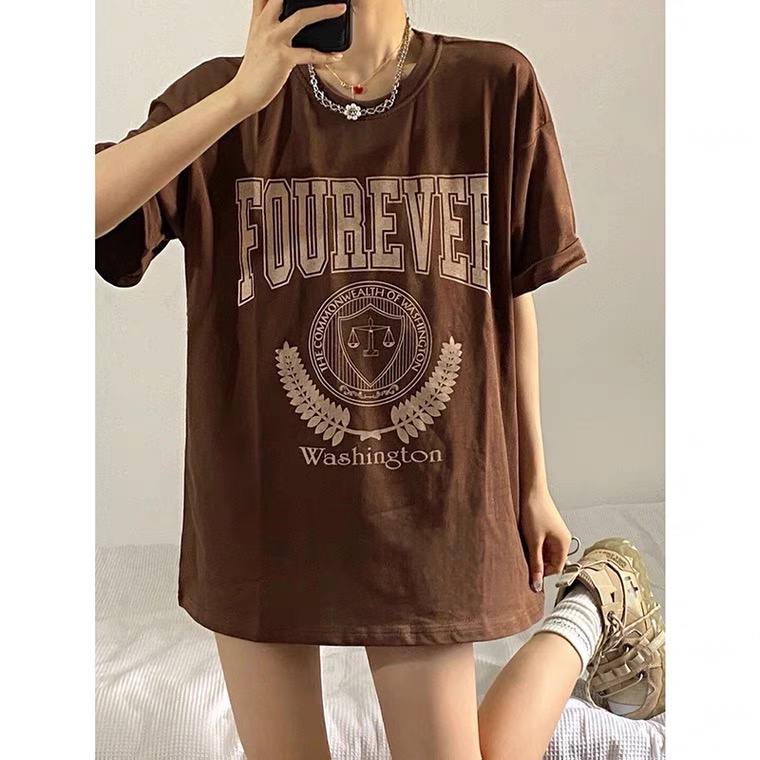 baju oversize wanita american retro lengan pendek letter graphic print T-shirt import kekinian kaos korea