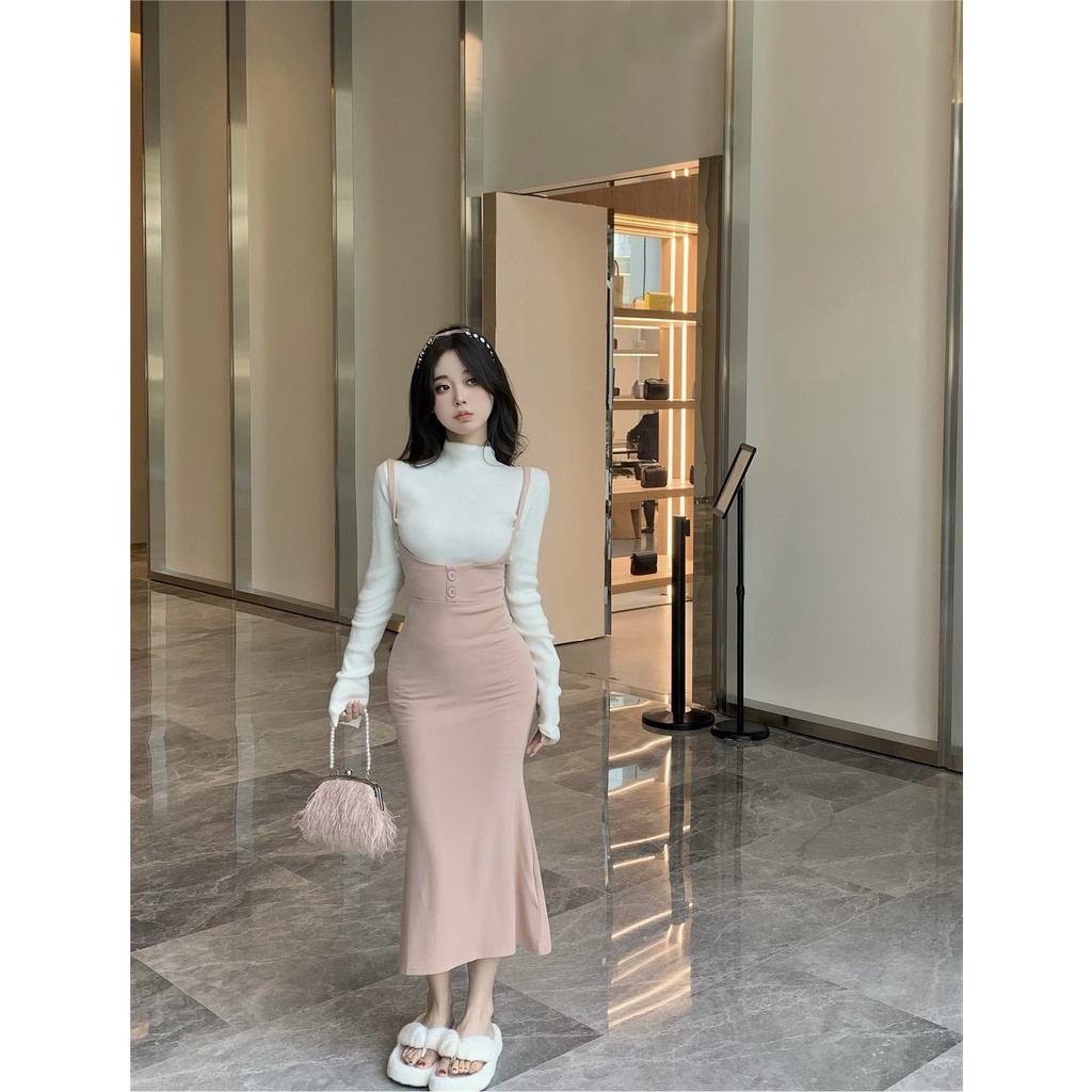 ۞✟▽Suhao kerah setengah tinggi rajutan bottoming kemeja wanita musim gugur dan musim dingin putih manis hot gadis bagian pendek slim slim lengan panjang sweater top