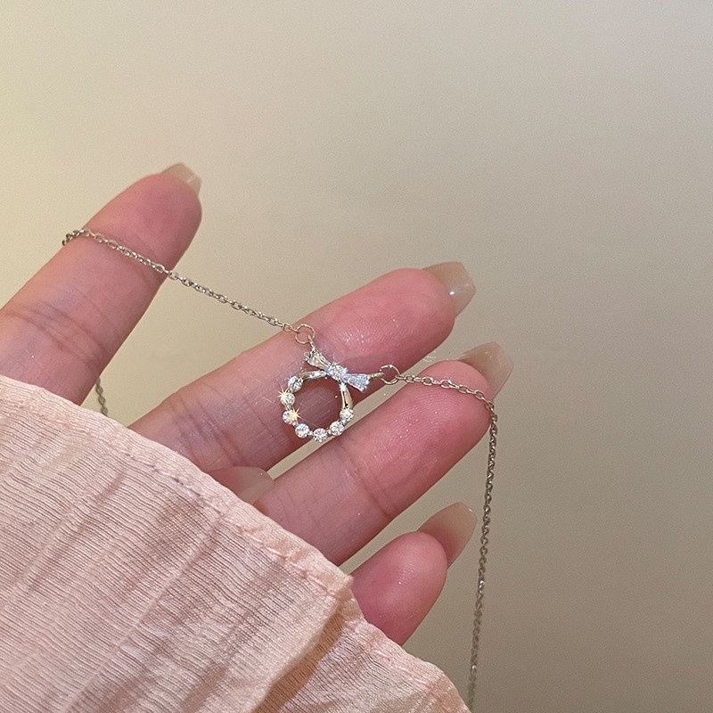 Papaozhu Chic Glossy Perak Zirkon Busur Karangan Bunga Liontin Kalung Untuk Wanita Gadis Elegan Garland Tulang Selangka Rantai Kalung Fashion Perhiasan Hadiah